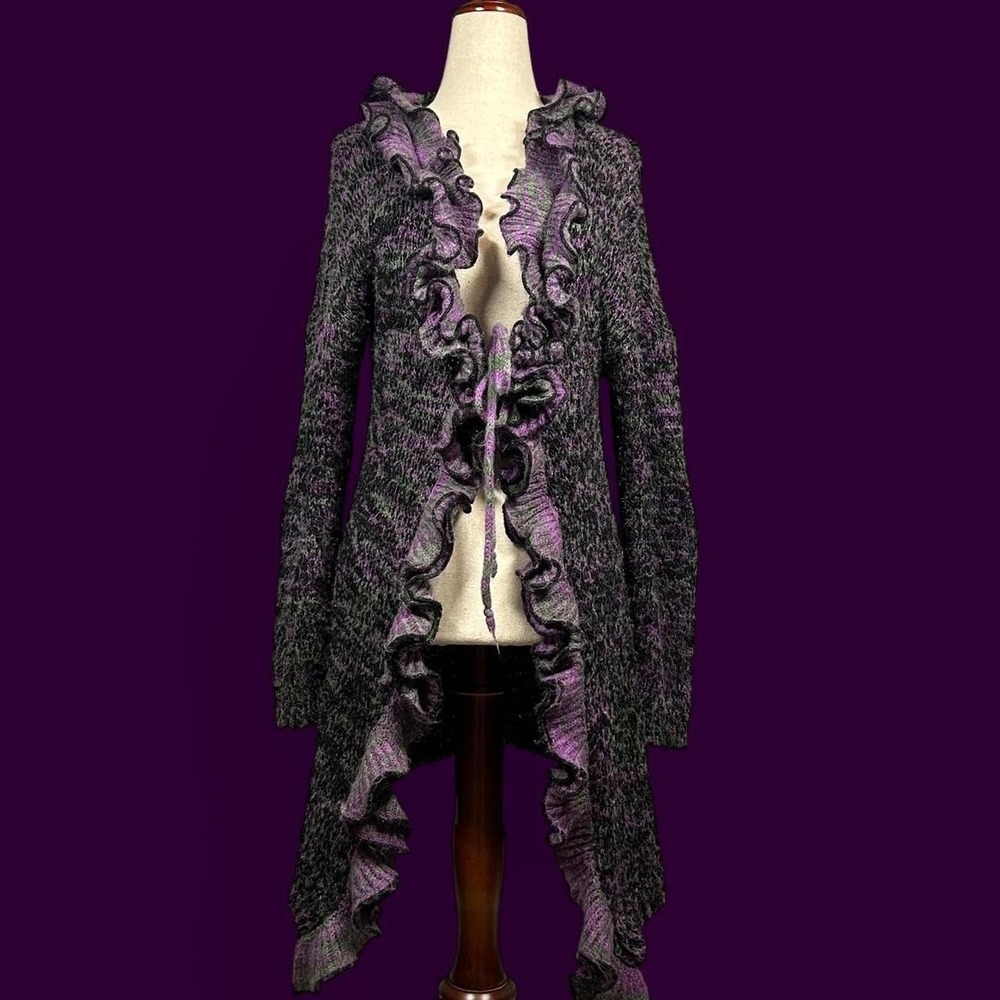 Y2K Venus Purple Long Cardigan Marled Knit Ruffle Trim Womens M Whimsigoth